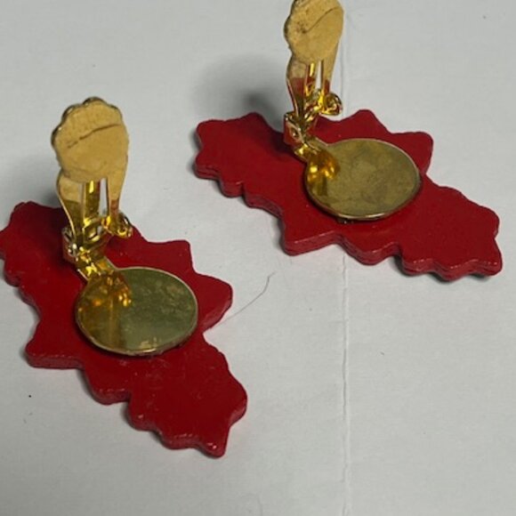 VTG Jeff Lieb Holiday Poinsettia Wooden Clip On Earrings Christmas1.75"x1" - Picture 13 of 14